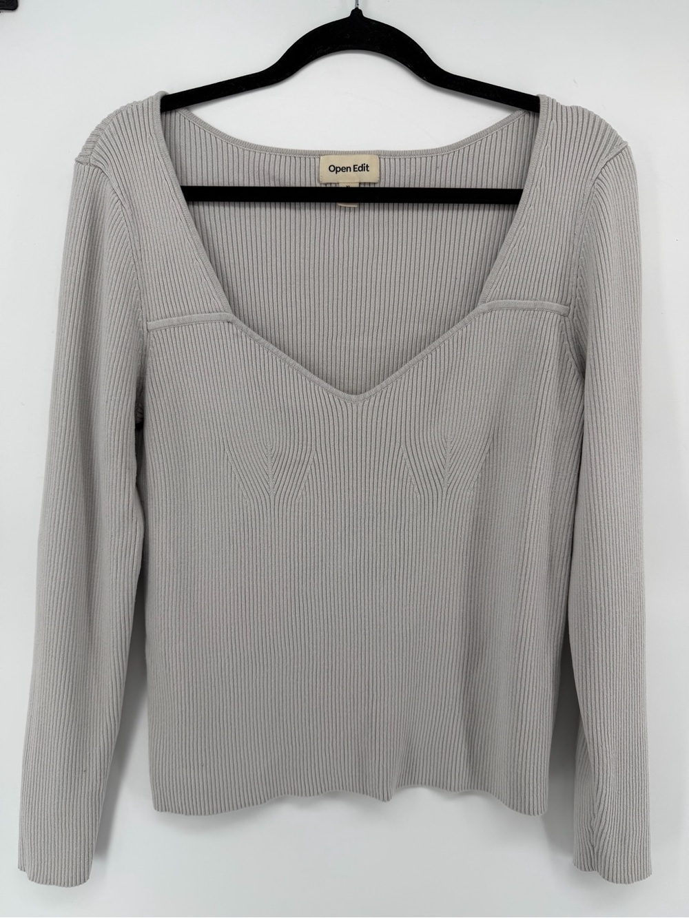 Open Edit Women's Ribbed Sweetheart Neck Long Sleeve Top Grey Size XL
